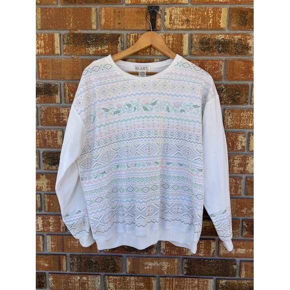 Blast Tops - Vintage Blast Grandma Core Geo Floral Crewneck Sweatshirt White Sz L 90s Retro